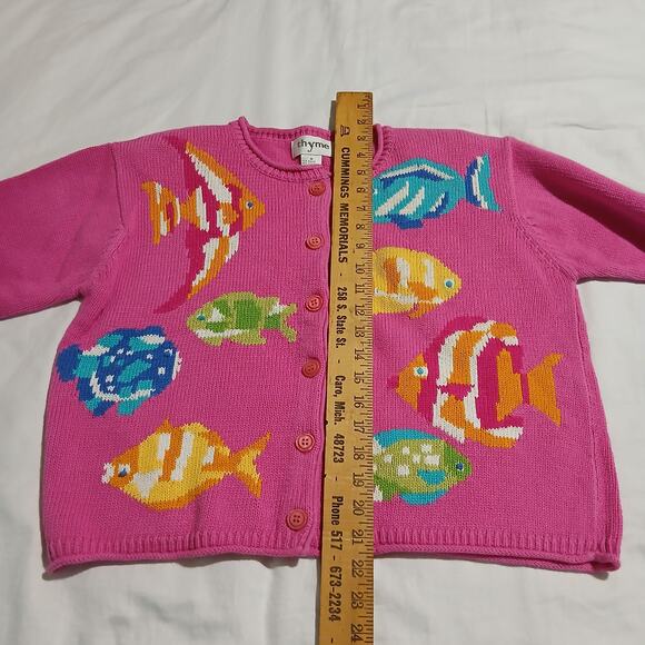 Vintage THYME Medium Ramie/cotton Hot Pink Cardigan TROPICAL FISH sweater - Picture 11 of 15